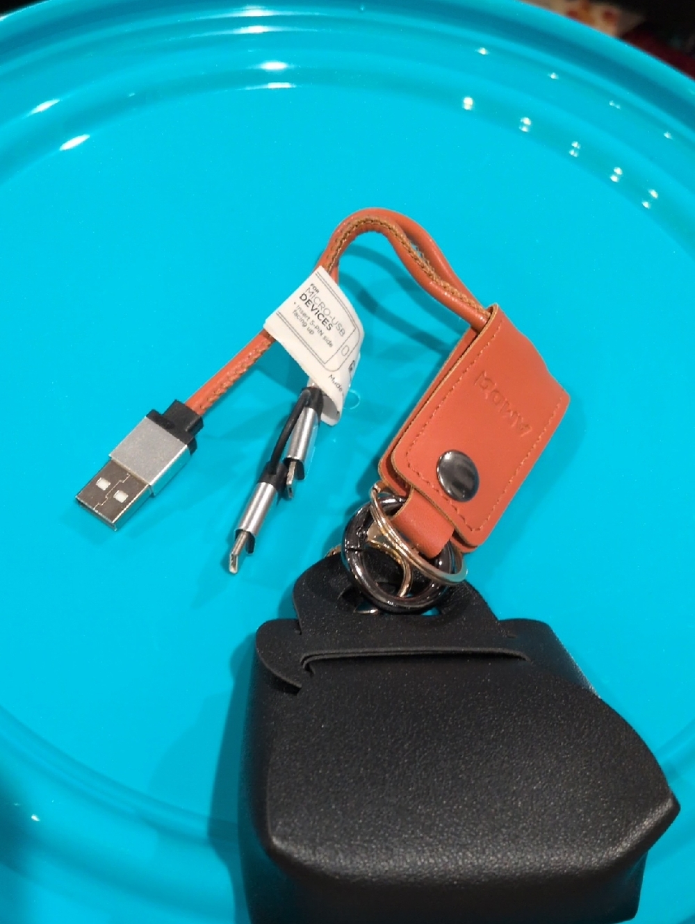 Brown Leather Keychain USB Charging Cable with Key Ring And Designer Bag Charm